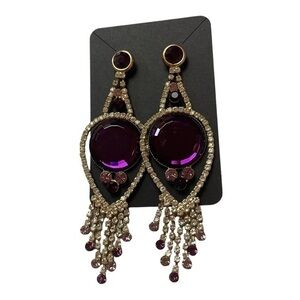 Purple and Gold Dangly Tear Drop Chandelier Earrings with Rhinestones